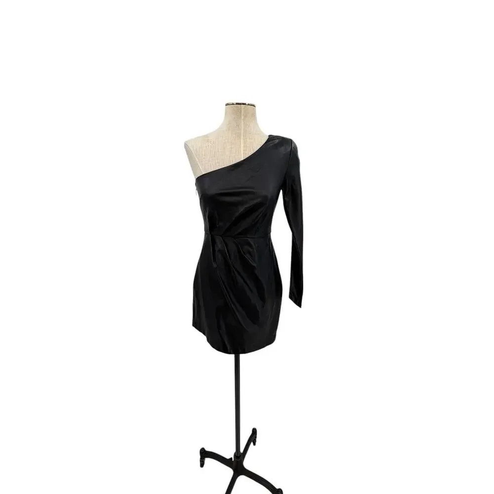 NBD Senia One Shoulder Faux Leather Mini Dress Black Long Sleeve XXS NWT